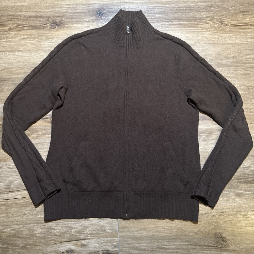 Ralph Lauren Golf Women's LARGE 100% Cashmere Full Zip Sweater Brown Cable Knit - Picture 1 of 14
